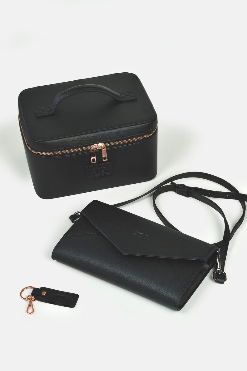 Bundle - Envelope Handbag, Cosmetic Case, Keyring - Black