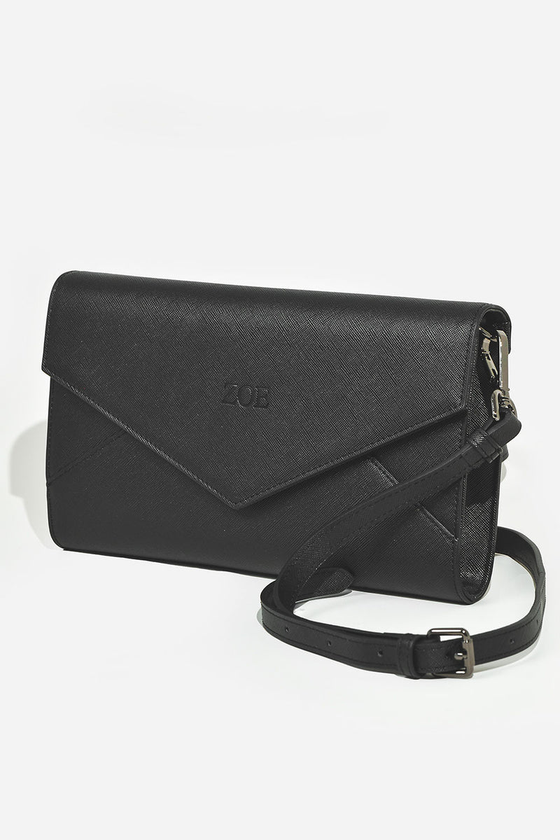 Personalised Black Leather Envelope Clutch Bag