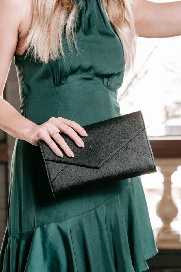 Personalised Black Leather Envelope Clutch Bag