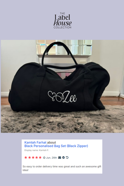 Black Personalised Duffle Bag (Rose Gold Zipper)