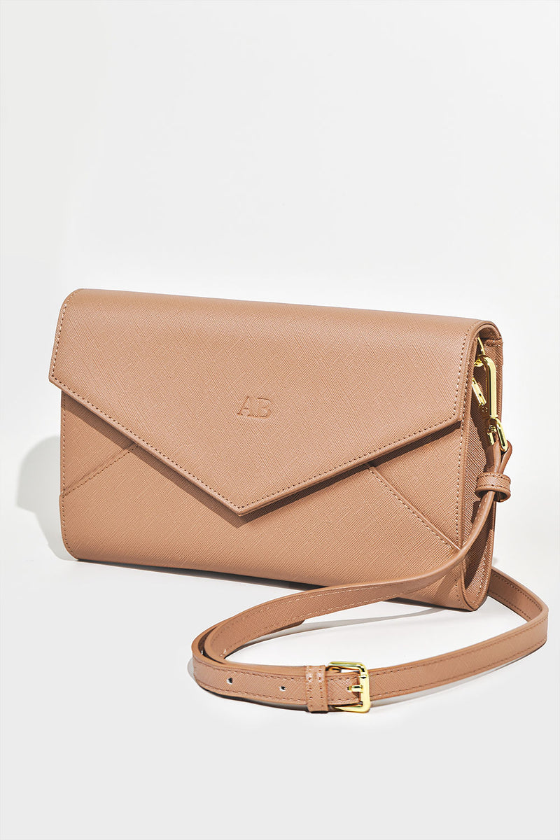 Personalised Latte Leather Envelope Clutch Bag