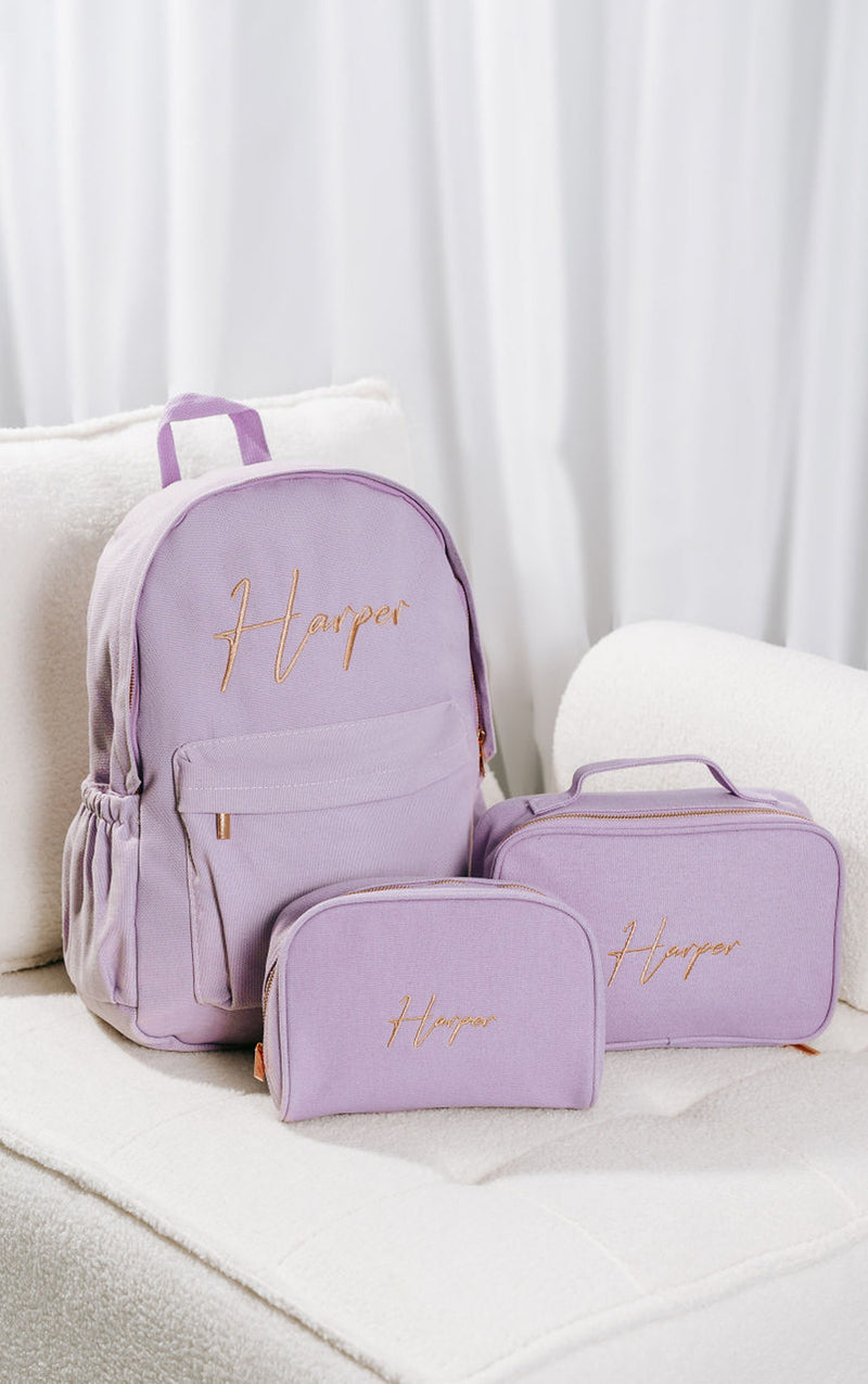 Lavender Personalised Embroidered Backpack Set