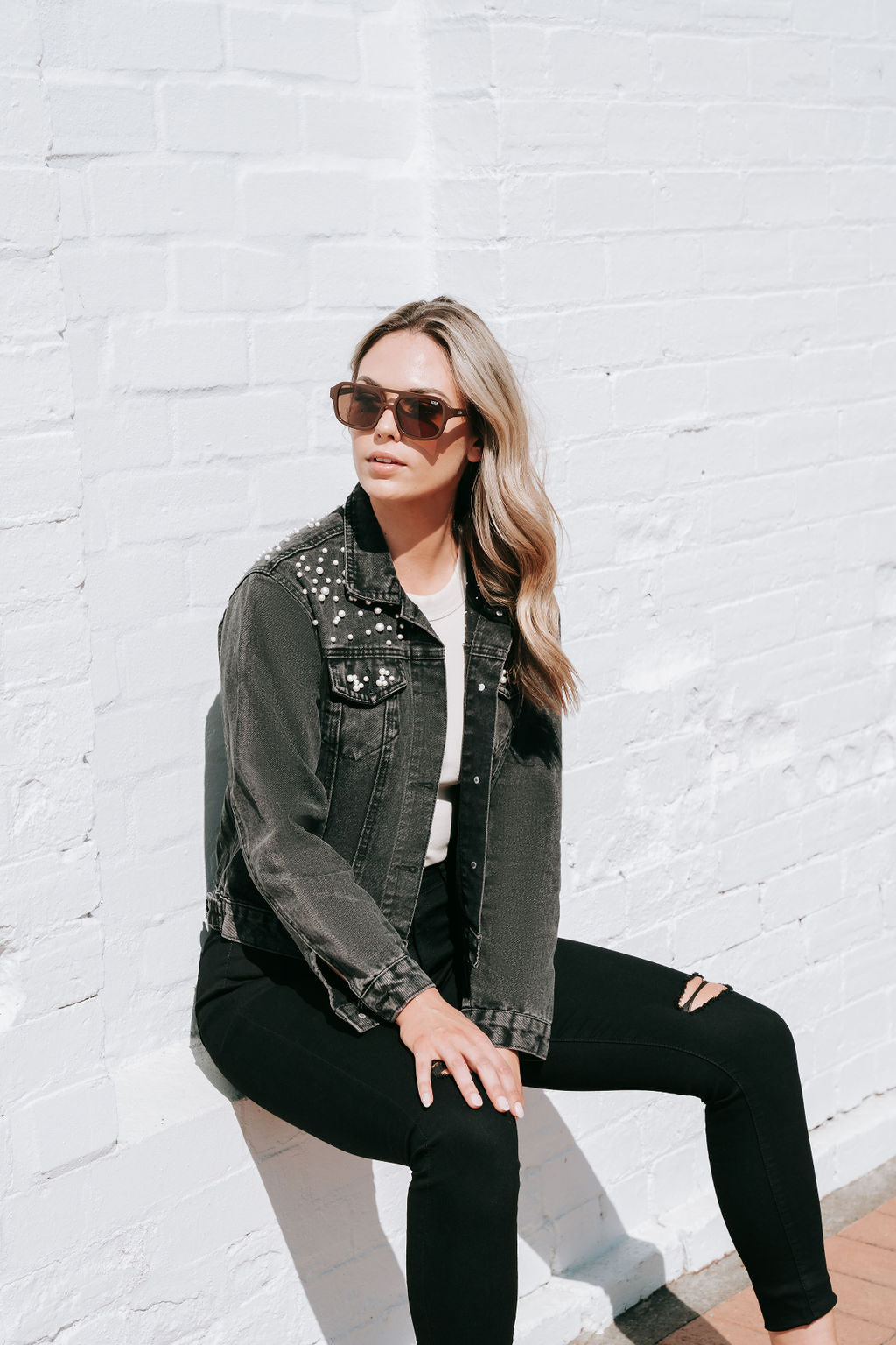 Black denim jacket with pearls hot sale