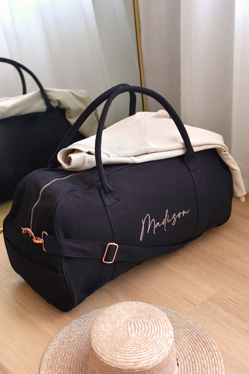 Black Personalised Duffle Bag (Rose Gold Zipper)