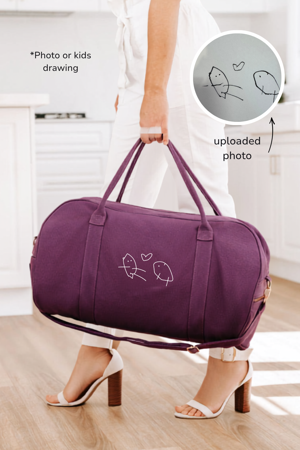 Line Drawing or Kids Drawing - Dark Purple Personalised Duffle Bag
