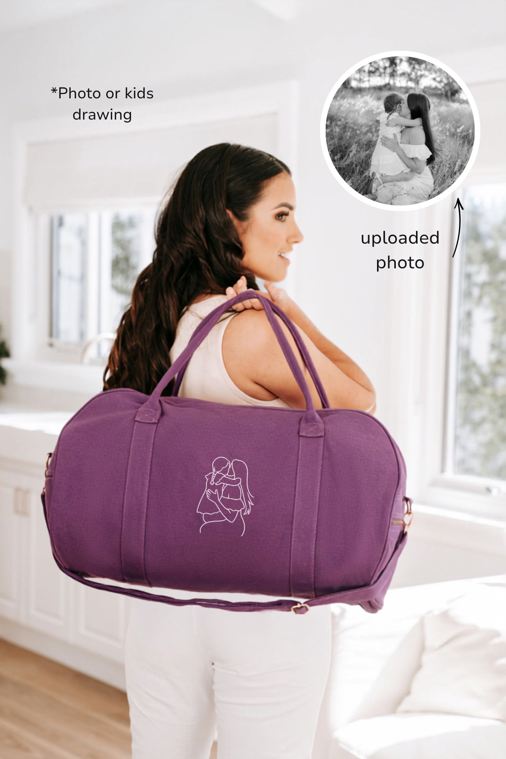 Line Drawing or Kids Drawing - Dark Purple Personalised Duffle Bag