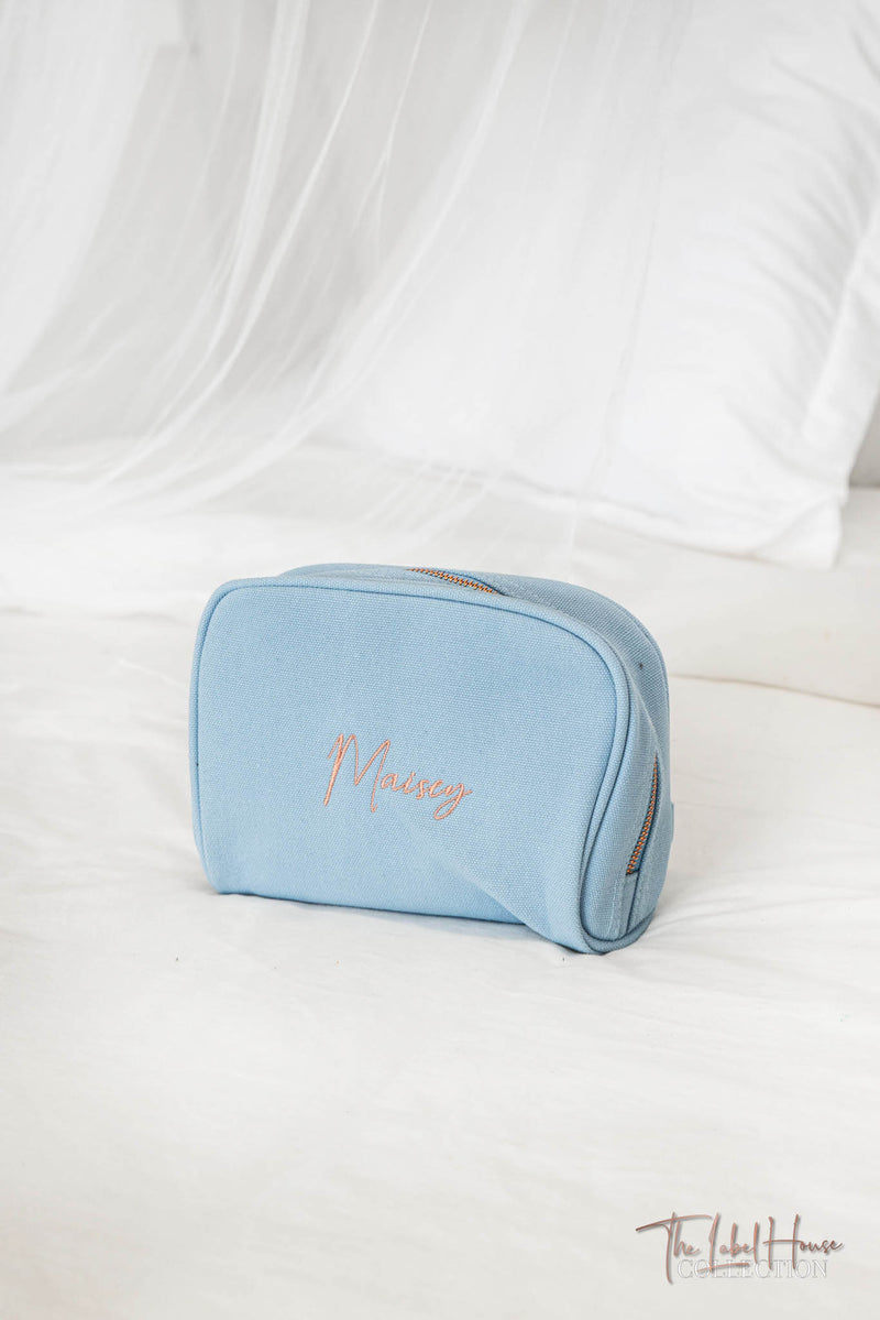 SECONDS STOCK Dusty Blue Personalised Make Up Bag