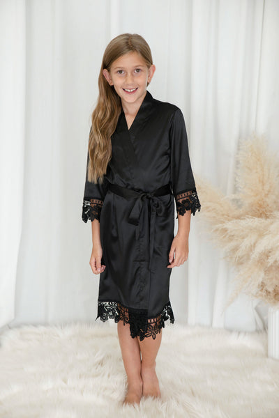 Kids Lace Trim Robe - Black