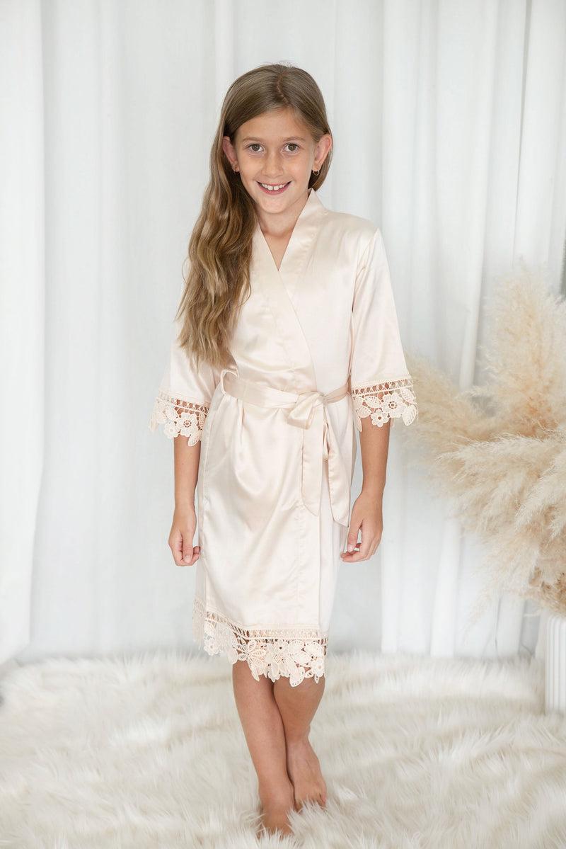 Kids Lace Trim Robe - Champagne