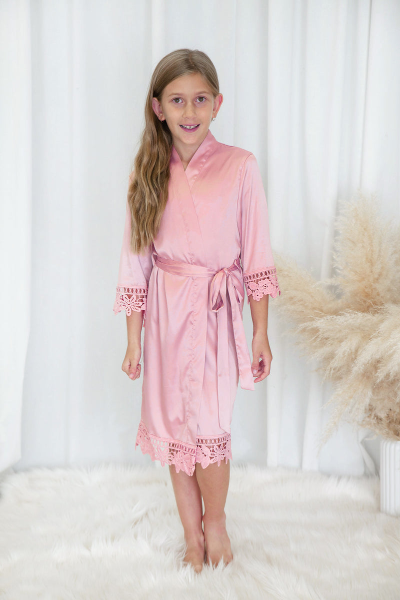Kids Lace Trim Robe - Pale Rose