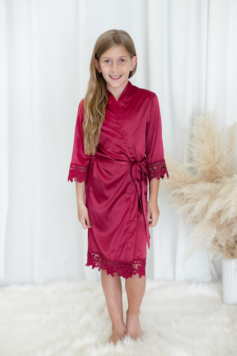 Kids Lace Trim Robe - Red