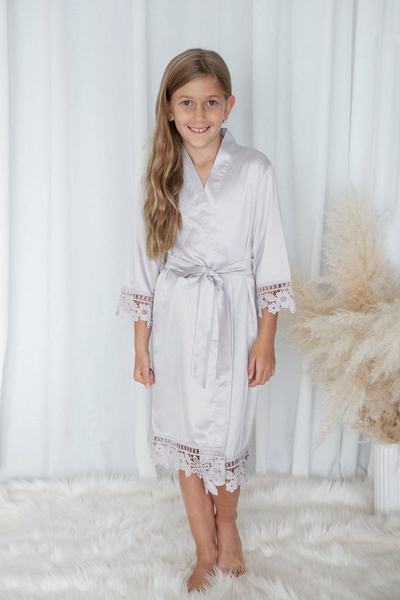 Kids Lace Trim Robe - Silver