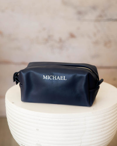 Embossed Unisex Navy Leather Vanity Bag