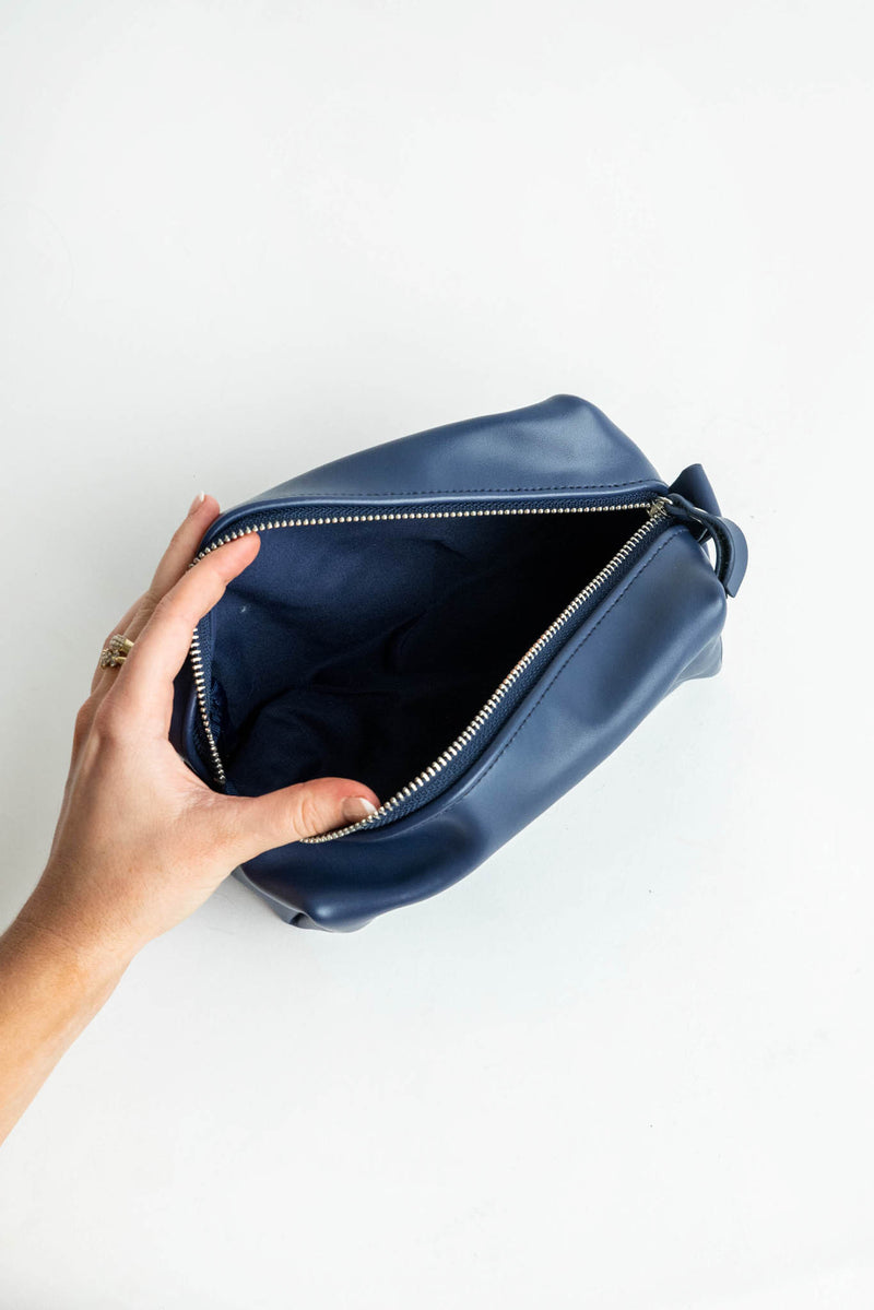 Embossed Unisex Navy Leather Vanity Bag