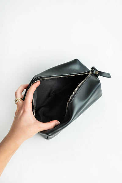 Embossed Unisex Black Leather Vanity Bag