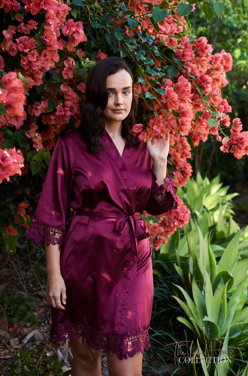 Lace Trim Robe - Burgundy Wine