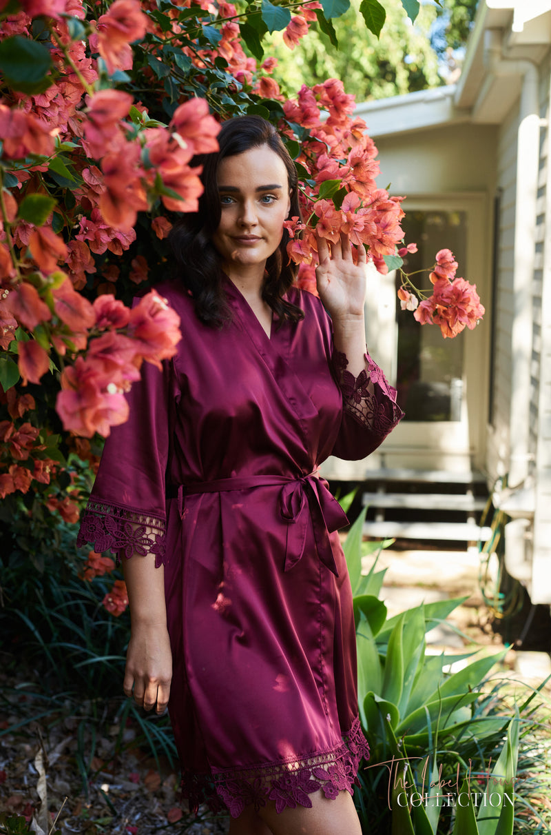 Lace Trim Robe - Burgundy Wine