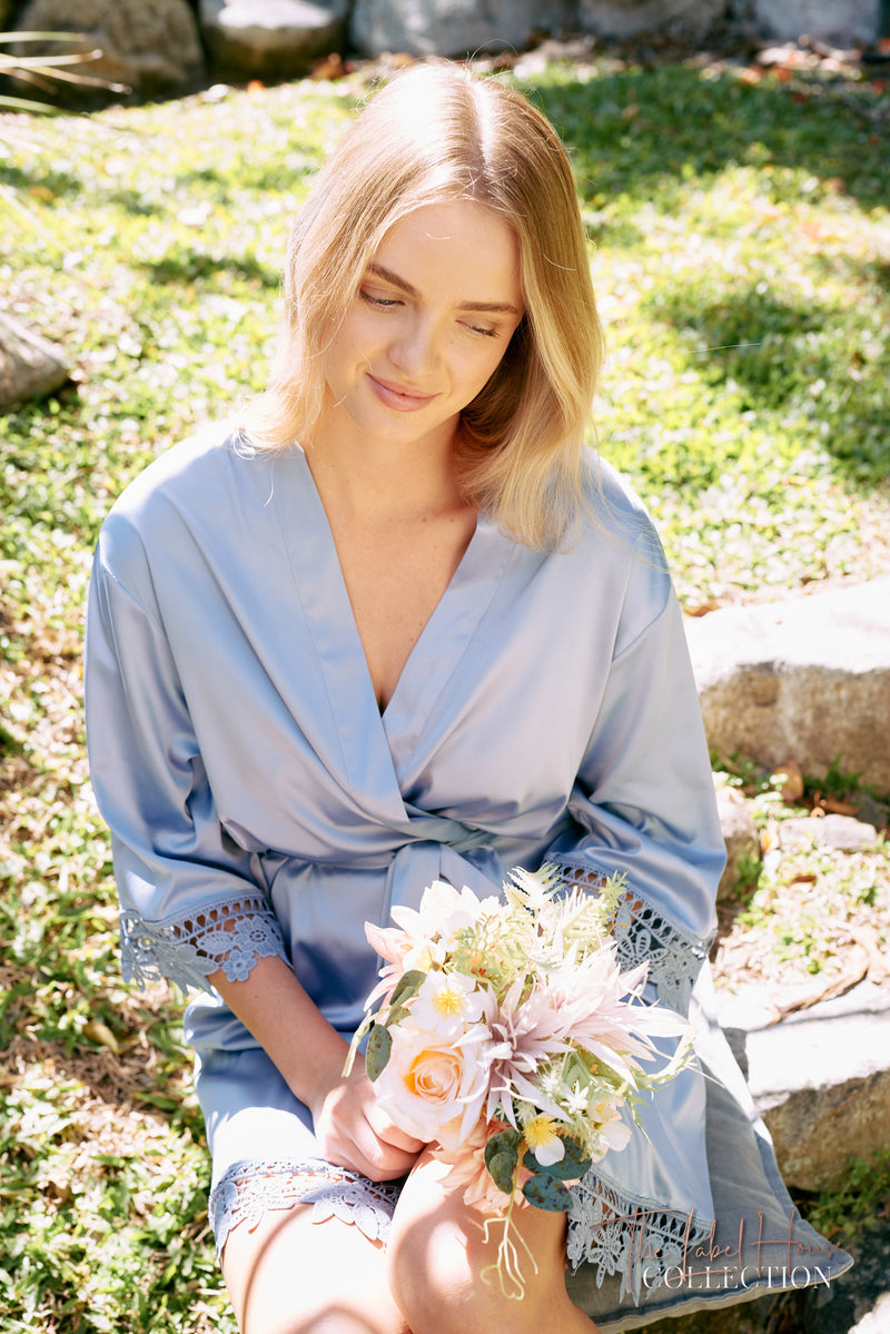 Lace Trim Robe - Dusty Blue