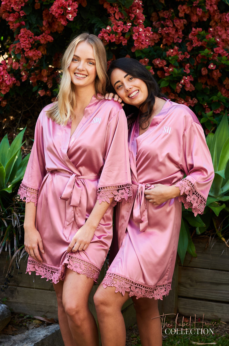 Lace Trim Robe - Dusty Rose